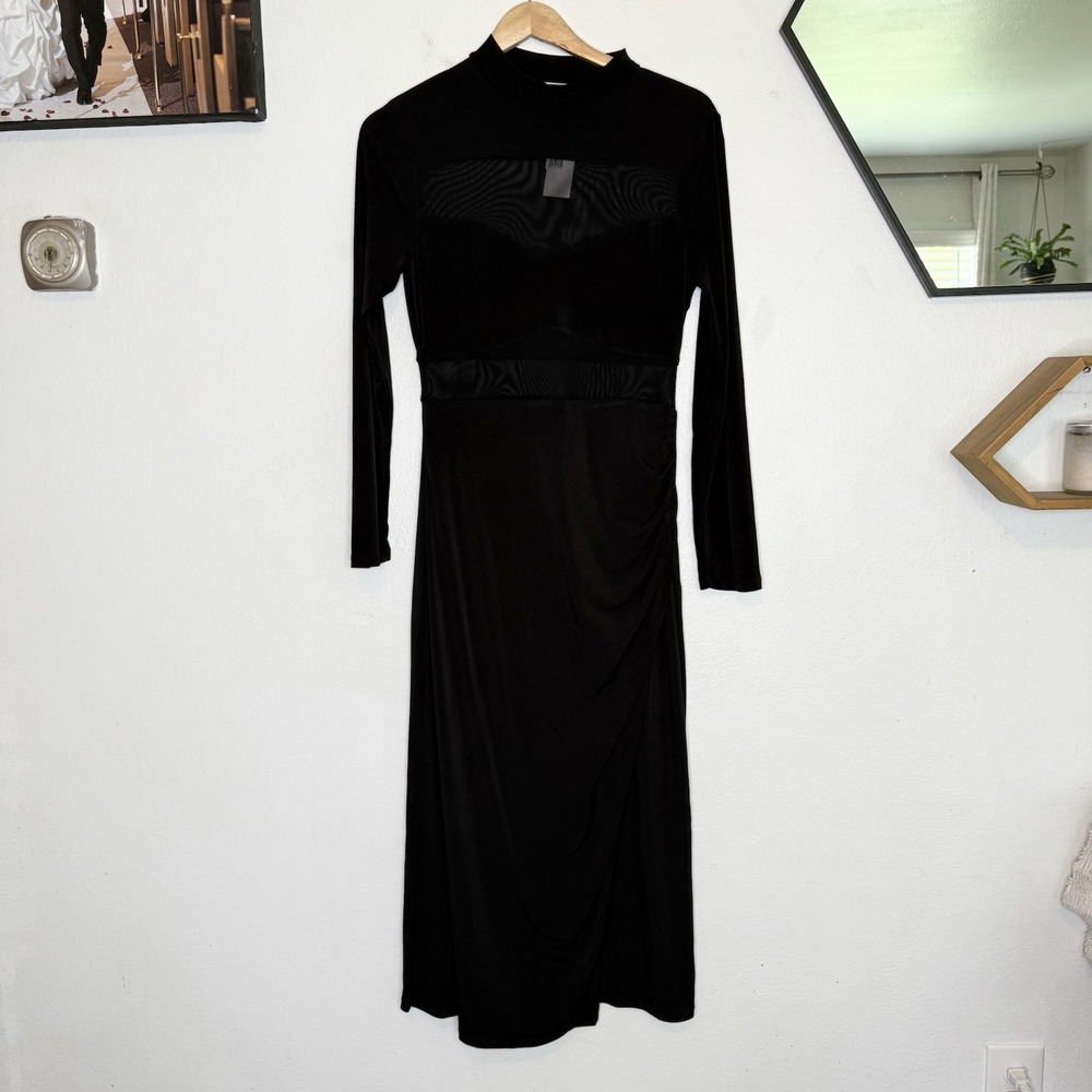 New‎ Floret Studio Mesh Panel Black Maxi Dress Long Sleeve Women's Medium